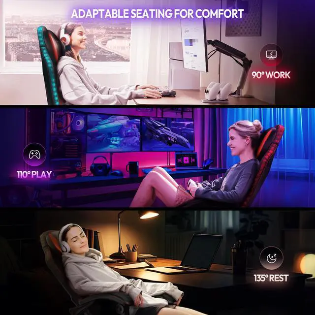 Alt view image 2 of 7 - Dowinx Gaming Chair with RGB Lights, LED Gaming Chair with Footrest for Adults, Video Game Chair PU Leather, Ergonomic Gaming Chair with Massage Lumbar Support,LS-66LED0303 Red