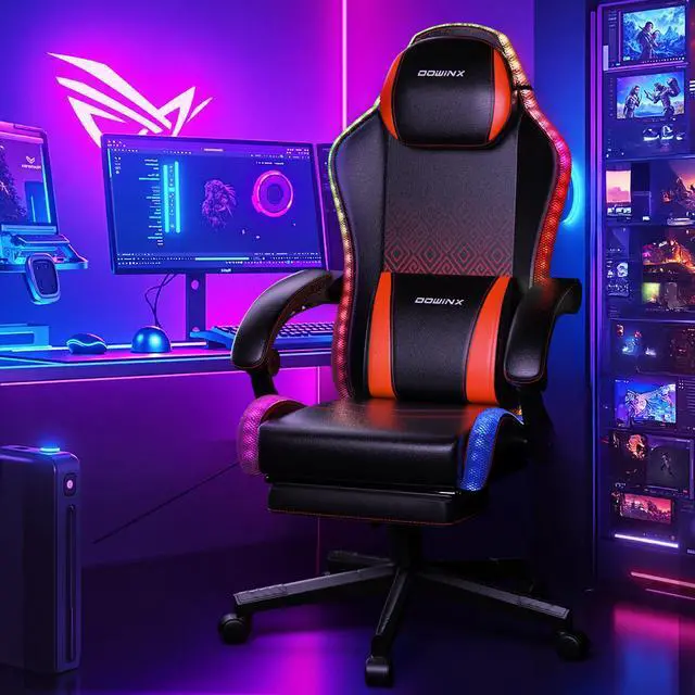 Alt view image 7 of 7 - Dowinx Gaming Chair with RGB Lights, LED Gaming Chair with Footrest for Adults, Video Game Chair PU Leather, Ergonomic Gaming Chair with Massage Lumbar Support,LS-66LED0303 Red