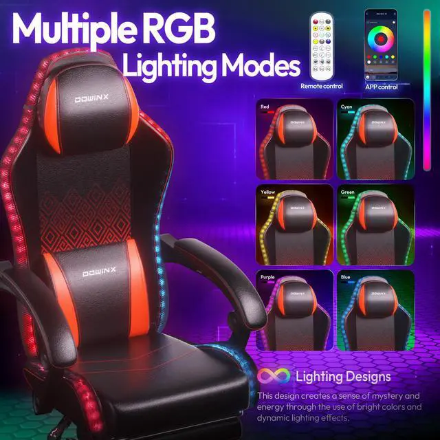 Alt view image 6 of 7 - Dowinx Gaming Chair with RGB Lights, LED Gaming Chair with Footrest for Adults, Video Game Chair PU Leather, Ergonomic Gaming Chair with Massage Lumbar Support,LS-66LED0303 Red