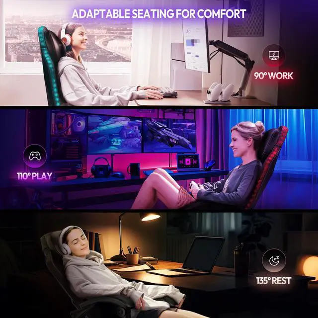 Alt view image 2 of 7 - Dowinx Gaming Chair with RGB Lights, LED Gaming Chair with Footrest for Adults, Video Game Chair PU Leather, Ergonomic Gaming Chair with Massage Lumbar Support,Black, LS-66LED0301