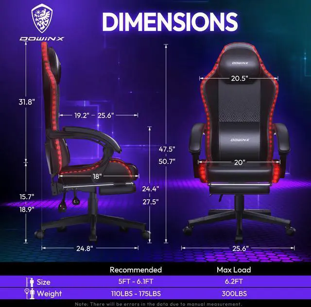 Alt view image 5 of 7 - Dowinx Gaming Chair with RGB Lights, LED Gaming Chair with Footrest for Adults, Video Game Chair PU Leather, Ergonomic Gaming Chair with Massage Lumbar Support,Black, LS-66LED0301