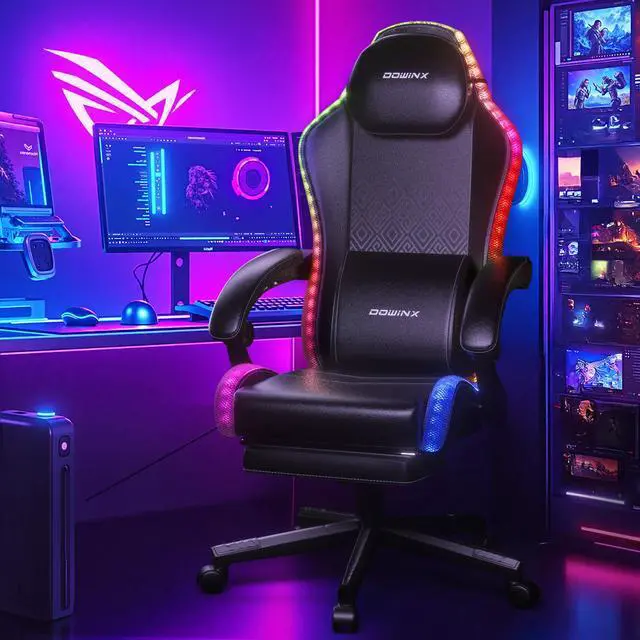 Alt view image 7 of 7 - Dowinx Gaming Chair with RGB Lights, LED Gaming Chair with Footrest for Adults, Video Game Chair PU Leather, Ergonomic Gaming Chair with Massage Lumbar Support,Black, LS-66LED0301