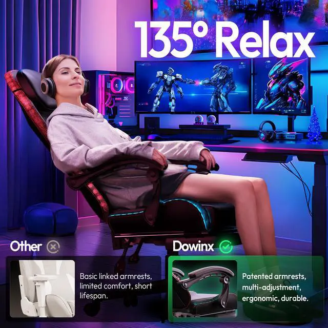Alt view image 3 of 7 - Dowinx Gaming Chair with RGB Lights, LED Gaming Chair with Footrest for Adults, Video Game Chair PU Leather, Ergonomic Gaming Chair with Massage Lumbar Support,Black, LS-66LED0301