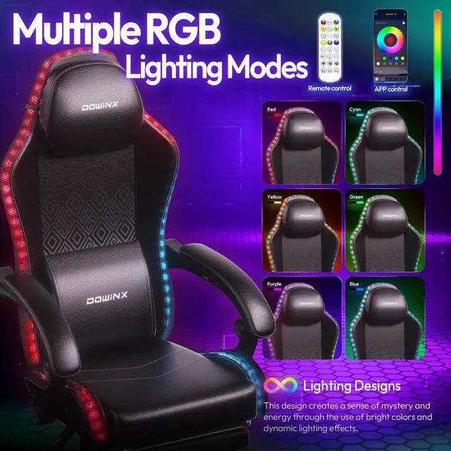 Alt view image 6 of 7 - Dowinx Gaming Chair with RGB Lights, LED Gaming Chair with Footrest for Adults, Video Game Chair PU Leather, Ergonomic Gaming Chair with Massage Lumbar Support,Black, LS-66LED0301