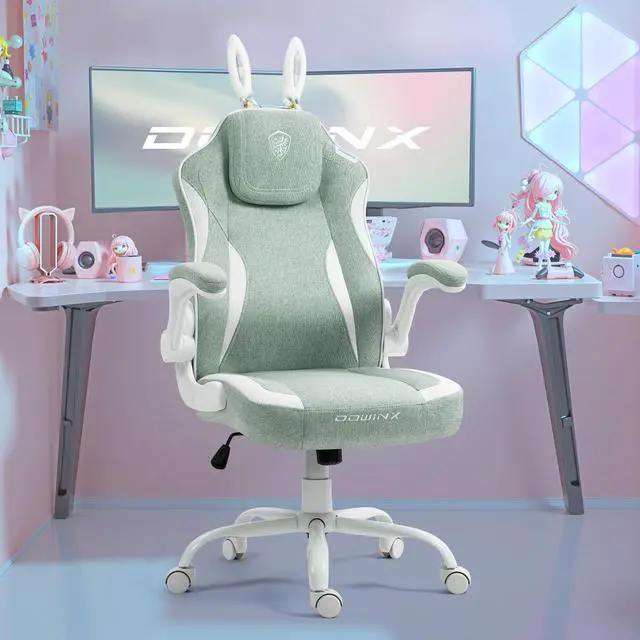 Alt view image 3 of 7 - Dowinx Gaming Chair with Cute Bunny Ears, Ergonomic Computer Chair for Adult, Game Chair Cloth for Girl, Teen, LS-665101, Green