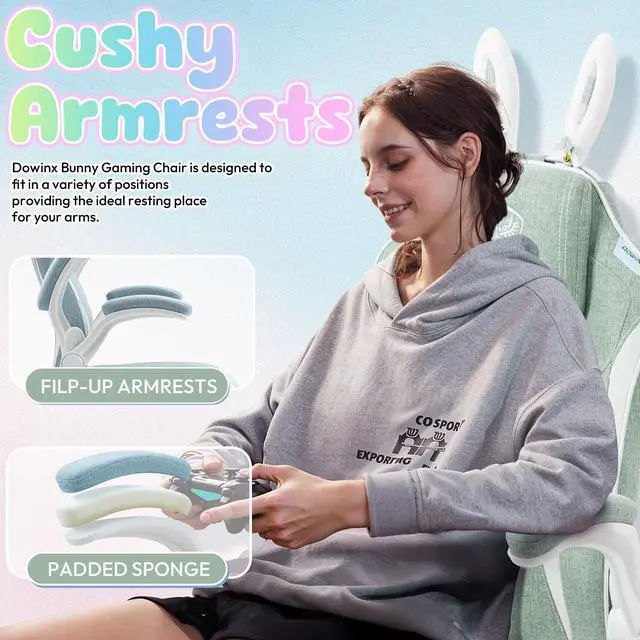 Alt view image 7 of 7 - Dowinx Gaming Chair with Cute Bunny Ears, Ergonomic Computer Chair for Adult, Game Chair Cloth for Girl, Teen, LS-665101, Green