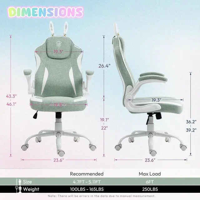 Alt view image 6 of 7 - Dowinx Gaming Chair with Cute Bunny Ears, Ergonomic Computer Chair for Adult, Game Chair Cloth for Girl, Teen, LS-665101, Green