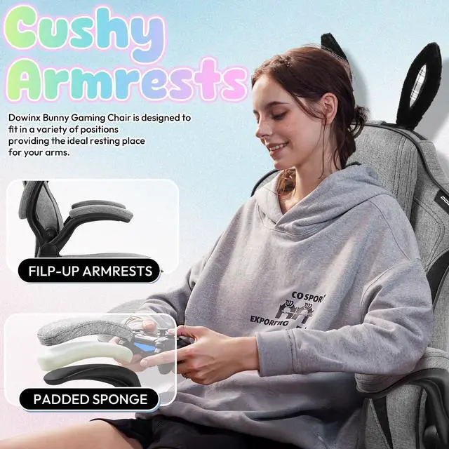 Alt view image 3 of 7 - Dowinx Gaming Chair with Cute Bunny Ears, Ergonomic Computer Chair for Adult, Game Chair Cloth for Girls&Teens, LS-665101,Black