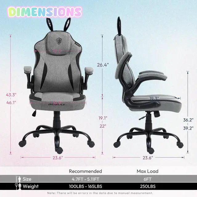 Alt view image 7 of 7 - Dowinx Gaming Chair with Cute Bunny Ears, Ergonomic Computer Chair for Adult, Game Chair Cloth for Girls&Teens, LS-665101,Black