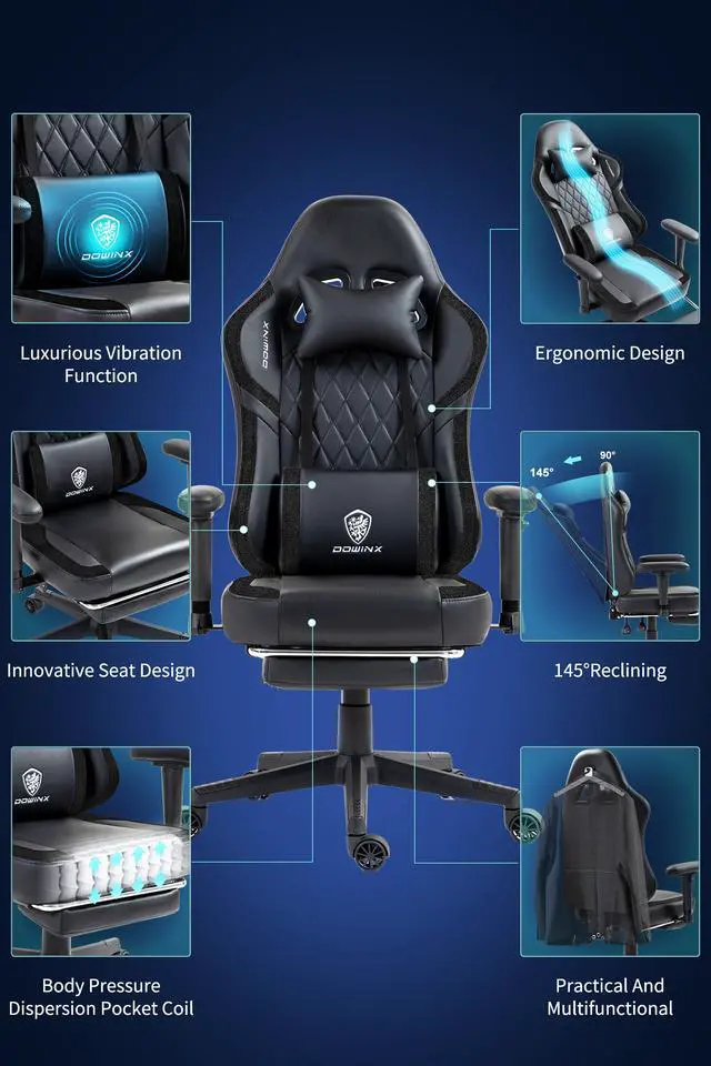 Alt view image 2 of 7 - Dowinx Ergonomic Gaming Chair with Lumbar Support, High-Quality Breathable PU Leather for Durability, Adjustable Features for Personalized Comfort, Budget Friendly Game Chair, Black
