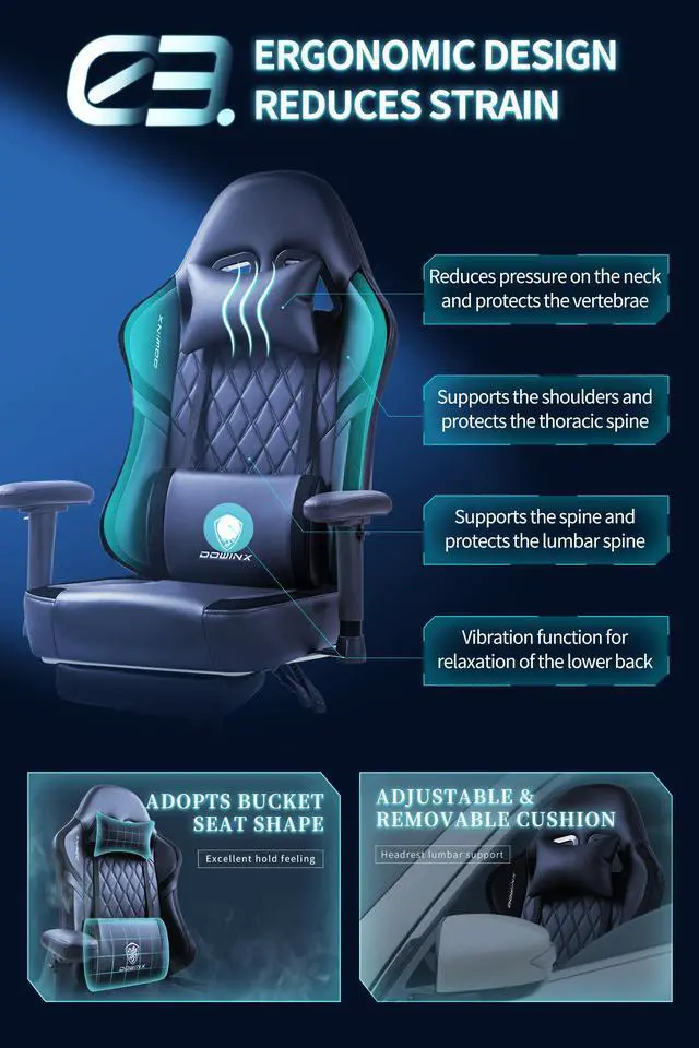 Alt view image 4 of 7 - Dowinx Ergonomic Gaming Chair with Lumbar Support, High-Quality Breathable PU Leather for Durability, Adjustable Features for Personalized Comfort, Budget Friendly Game Chair, Black