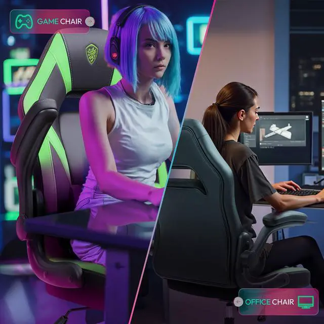 Alt view image 3 of 7 - Dowinx Gaming Chair, Breathable PU Leather Gamer Chair with Pocket Spring Cushion, Adjustable Swivel Task Chair ,Ergonomic Computer Chair with  Lumbar Support,LS-666105 Black / Green