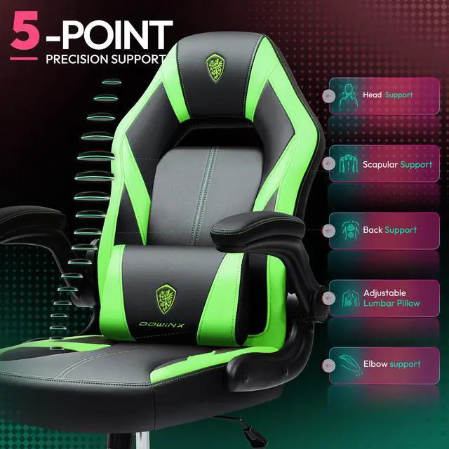 Alt view image 7 of 7 - Dowinx Gaming Chair, Breathable PU Leather Gamer Chair with Pocket Spring Cushion, Adjustable Swivel Task Chair ,Ergonomic Computer Chair with  Lumbar Support,LS-666105 Black / Green