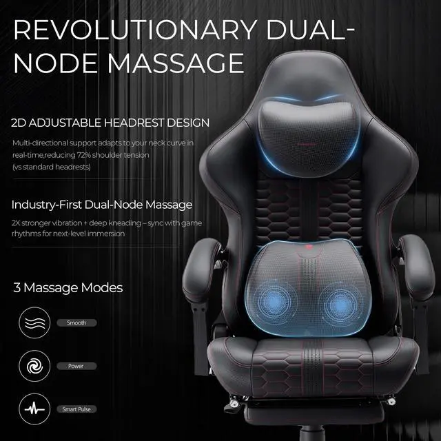Alt view image 4 of 7 - Dowinx Gaming Chair Big and Tall with Dual-Point Massage Lumbar Support, Video Game Chairs for Adults with Footrest, Ergonomic Computer Chair High Back 360° Swivel, PU Leather Recliner 400LBS