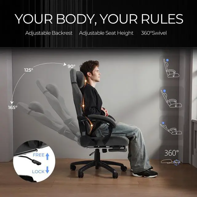 Alt view image 5 of 7 - Dowinx Gaming Chair Big and Tall with Dual-Point Massage Lumbar Support, Video Game Chairs for Adults with Footrest, Ergonomic Computer Chair High Back 360° Swivel, PU Leather Recliner 400LBS Grey