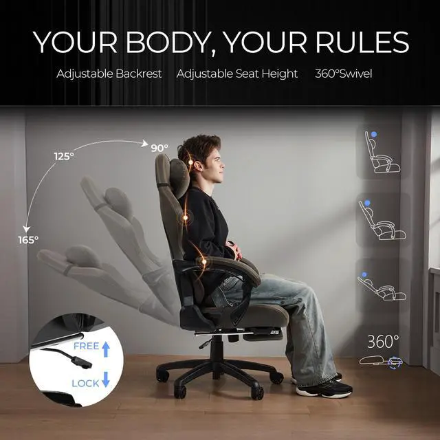 Alt view image 5 of 7 - Dowinx Gaming Chair Big and Tall with Dual-Point Massage Lumbar Support, Video Game Chairs for Adults with Footrest, Ergonomic Computer Chair High Back 360° Swivel, PU Leather Recliner 400LBS Brown