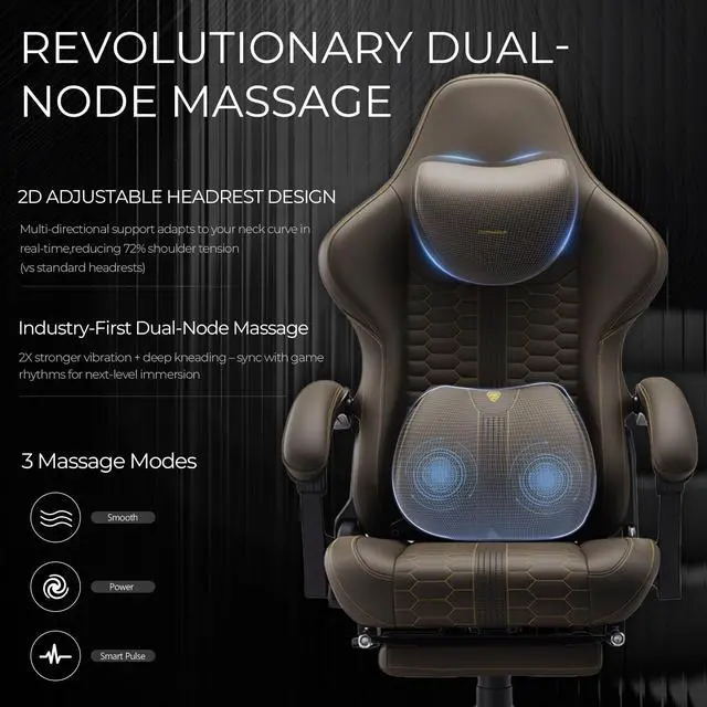 Alt view image 4 of 7 - Dowinx Gaming Chair Big and Tall with Dual-Point Massage Lumbar Support, Video Game Chairs for Adults with Footrest, Ergonomic Computer Chair High Back 360° Swivel, PU Leather Recliner 400LBS Brown