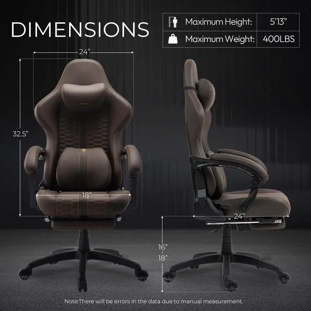 Alt view image 2 of 7 - Dowinx Gaming Chair Big and Tall with Dual-Point Massage Lumbar Support, Video Game Chairs for Adults with Footrest, Ergonomic Computer Chair High Back 360° Swivel, PU Leather Recliner 400LBS Brown