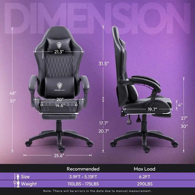 Alt view image 6 of 7 - Dowinx Gaming Chair with Lumbar Support and Footrest, Ergonomic Video Game Chair for Adults, Adjustable High-Back Office Chair with Pocket Spring Cushion, Reclining Computer Chair with Headrest Black