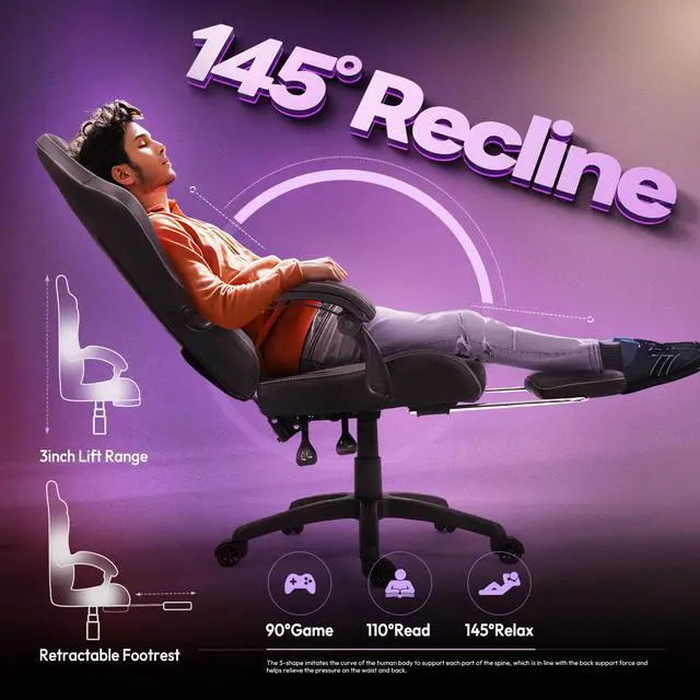 Alt view image 4 of 7 - Dowinx Gaming Chair with Lumbar Support and Footrest, Ergonomic Video Game Chair for Adults, Adjustable High-Back Office Chair with Pocket Spring Cushion, Reclining Computer Chair with Headrest Black