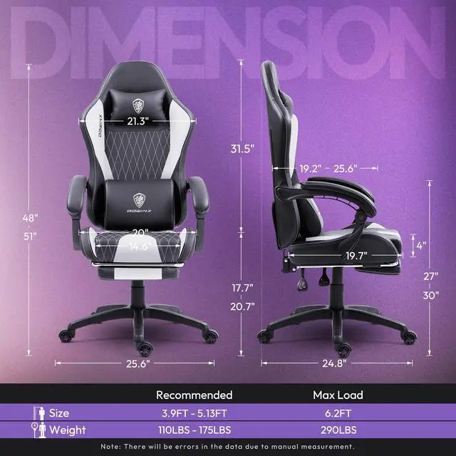 Alt view image 6 of 7 - Dowinx Gaming Chair with Lumbar Support and Footrest, Ergonomic Video Game Chair for Adults, Adjustable High-Back Office Chair with Pocket Spring Cushion, Reclining Computer Chair with Headrest White