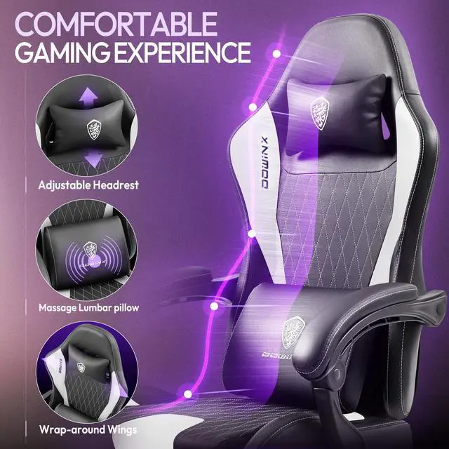 Alt view image 5 of 7 - Dowinx Gaming Chair with Lumbar Support and Footrest, Ergonomic Video Game Chair for Adults, Adjustable High-Back Office Chair with Pocket Spring Cushion, Reclining Computer Chair with Headrest White