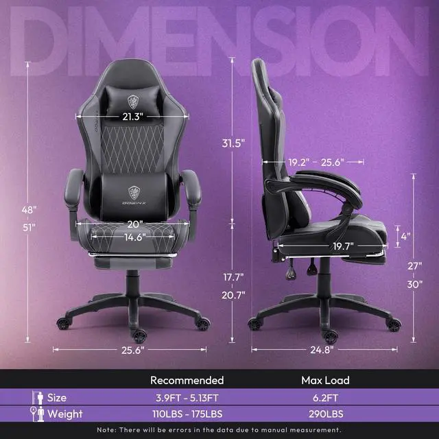 Alt view image 6 of 7 - Dowinx Gaming Chair with Lumbar Support and Footrest, Ergonomic Video Game Chair for Adults, Adjustable High-Back Office Chair with Pocket Spring Cushion, Reclining Computer Chair with Headrest Grey