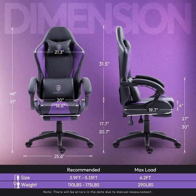 Alt view image 6 of 7 - Dowinx Gaming Chair with Lumbar Support and Footrest, Ergonomic Video Game Chair for Adults, Adjustable High-Back Office Chair with Pocket Spring Cushion, Reclining Computer Chair with Headrest Purple