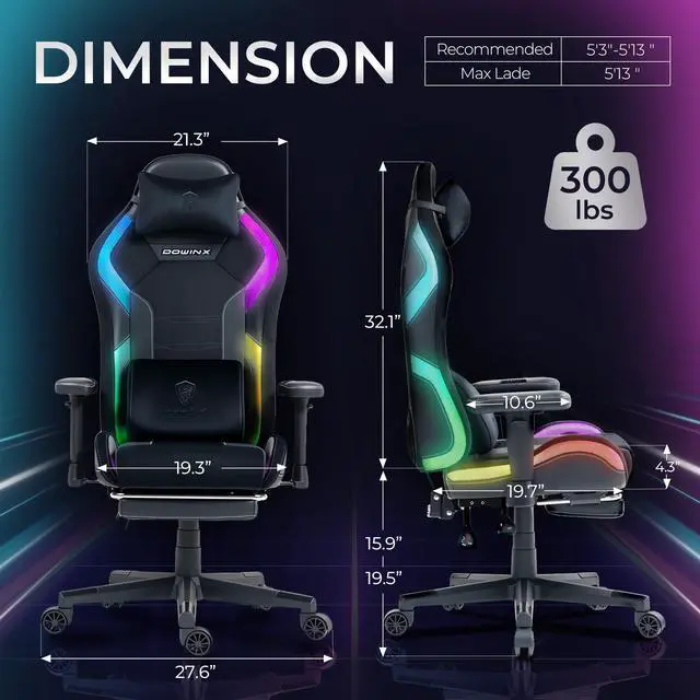 Alt view image 3 of 7 - Dowinx RGB LED Gaming Chair with Lumbar Support for Big and Tall, 3D Adjustable Armrests&Headrest, Gaming Computer Chair For Adults&Teens, Fabric Gaming Chair for Video Gamer, 66D2 Black