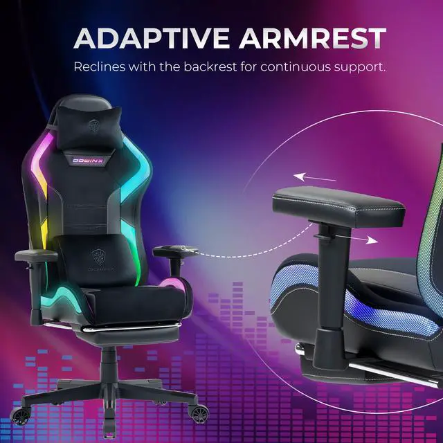 Alt view image 7 of 7 - Dowinx RGB LED Gaming Chair with Lumbar Support for Big and Tall, 3D Adjustable Armrests&Headrest, Gaming Computer Chair For Adults&Teens, Fabric Gaming Chair for Video Gamer, 66D2 Black