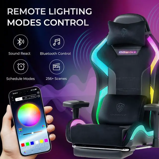 Alt view image 5 of 7 - Dowinx RGB LED Gaming Chair with Lumbar Support for Big and Tall, 3D Adjustable Armrests&Headrest, Gaming Computer Chair For Adults&Teens, Fabric Gaming Chair for Video Gamer, 66D2 Black