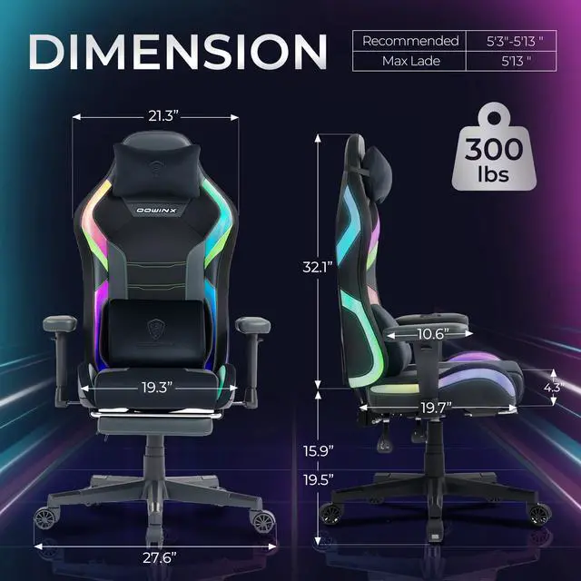 Alt view image 2 of 7 - Dowinx RGB LED Gaming Chair with Lumbar Support for Big and Tall, 3D Adjustable Armrests&Headrest, Gaming Computer Chair For Adults&Teens, Fabric Gaming Chair for Video Gamer, 66D2 Black&Green