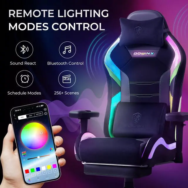 Alt view image 5 of 7 - Dowinx RGB LED Gaming Chair with Lumbar Support for Big and Tall, 3D Adjustable Armrests&Headrest, Gaming Computer Chair For Adults&Teens, Fabric Gaming Chair for Video Gamer, 66D2 Black&Green