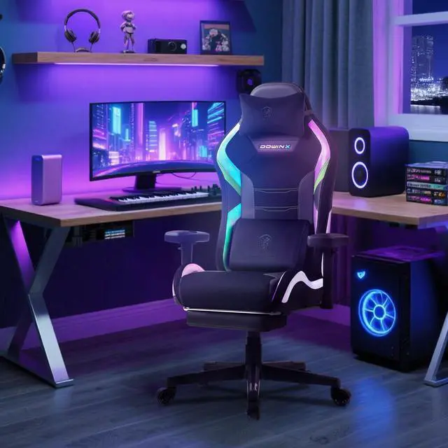 Main image of Dowinx RGB LED Gaming Chair with Lumbar Support for Big and Tall, 3D Adjustable Armrests&Headrest, Gaming Computer Chair For Adults&Teens, Fabric Gaming Chair for Video Gamer, 66D2 Black&Green