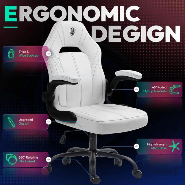 Alt view image 2 of 7 - Dowinx Gaming Chair, Breathable PU Leather Gamer Chair with Pocket Spring Cushion, Swivel Desk Chair with adjustable seat and armrests, Ergonomic Computer Chair with reclining backrest, White