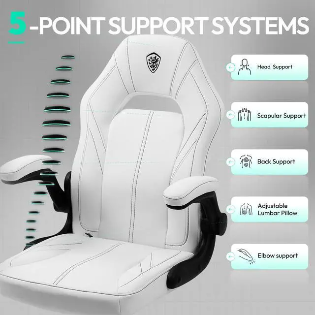 Alt view image 6 of 7 - Dowinx Gaming Chair, Breathable PU Leather Gamer Chair with Pocket Spring Cushion, Swivel Desk Chair with adjustable seat and armrests, Ergonomic Computer Chair with reclining backrest, White