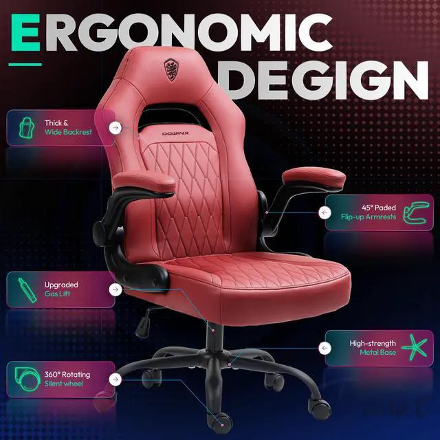 Alt view image 2 of 7 - Dowinx Gaming Chair, Breathable PU Leather Gamer Chair with Pocket Spring Cushion, Swivel Desk Chair with adjustable seat and armrests, Ergonomic Computer Chair with reclining backrest, Red