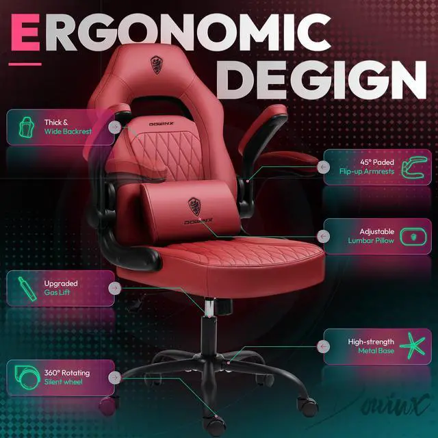 Alt view image 2 of 7 - Dowinx Gaming Chair, Breathable PU Leather Gamer Chair with Pocket Spring Cushion, Adjustable Swivel Task Chair ,Ergonomic Computer Chair with  Lumbar Support,LS-666105 Red