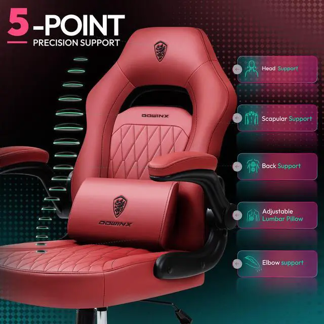 Alt view image 6 of 7 - Dowinx Gaming Chair, Breathable PU Leather Gamer Chair with Pocket Spring Cushion, Adjustable Swivel Task Chair ,Ergonomic Computer Chair with  Lumbar Support,LS-666105 Red