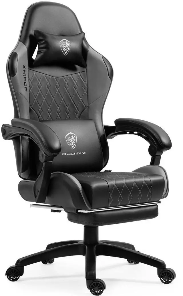 Dowinx Ergonimic Gaming Chair with Massage Lumbar Support, Video Game Chair for Adults, Adjustable Gamer Chairs High Back with Pocket Spring Cushion, 360° Swivel Recliner with Footrest, Black&Grey