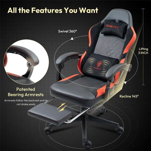 Alt view image 5 of 7 - Dowinx Ergonomic Gaming Chair with Massage Lumbar Support&Headrest, High Back Office Chair with Footrest, Reclining Computer Game Chair for Adult, Pocket Spring Cushion Seat, Height Adjustable