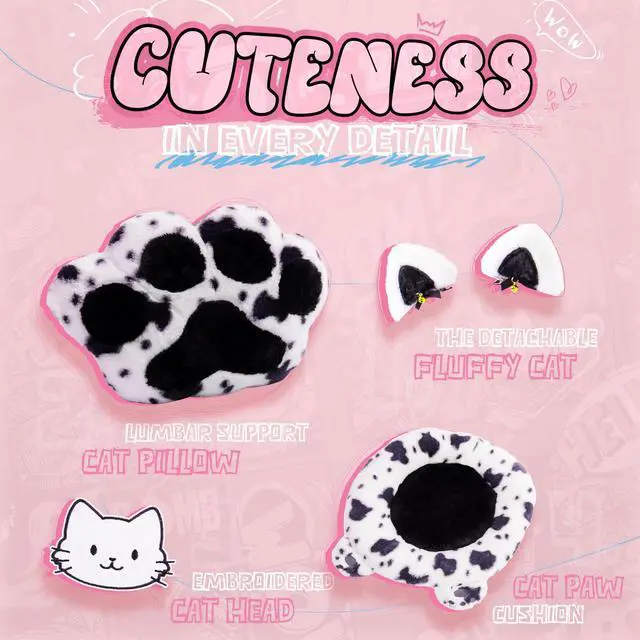 Alt view image 2 of 7 - Gaming Chair Cute with Cat Ears and Paw Lumbar Seat Cushion, Ergonomic Computer Chair with Footrest, Reclining PC Game Chair for Girls, Computer Chair 300lbs for Adult, Black&White