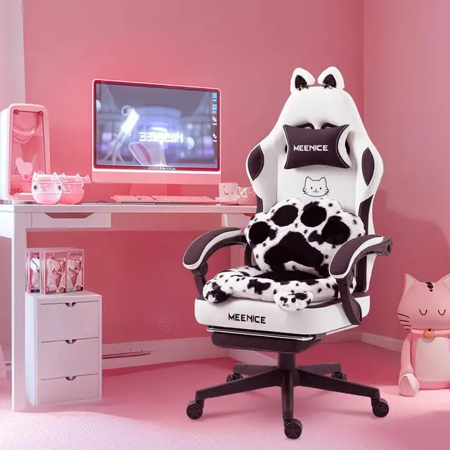 Main image of Gaming Chair Cute with Cat Ears and Paw Lumbar Seat Cushion, Ergonomic Computer Chair with Footrest, Reclining PC Game Chair for Girls, Computer Chair 300lbs for Adult, Black&White