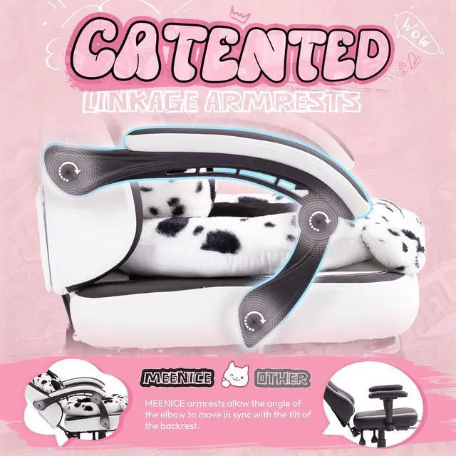 Alt view image 4 of 7 - Gaming Chair Cute with Cat Ears and Paw Lumbar Seat Cushion, Ergonomic Computer Chair with Footrest, Reclining PC Game Chair for Girls, Computer Chair 300lbs for Adult, Black&White