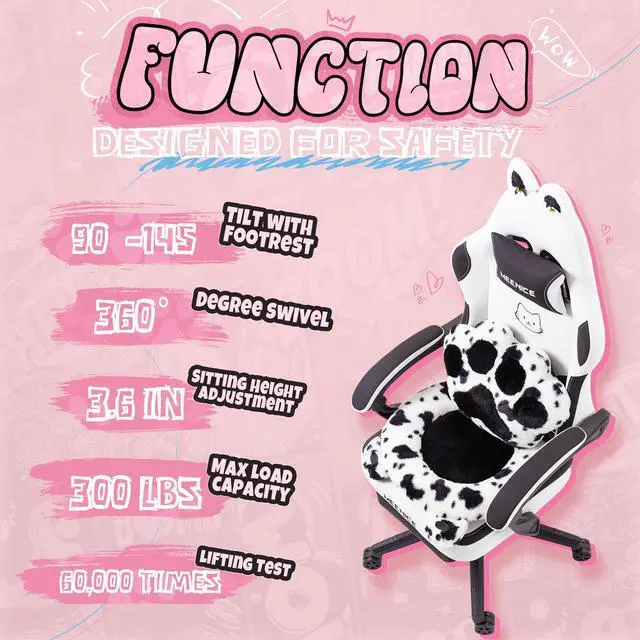 Alt view image 5 of 7 - Gaming Chair Cute with Cat Ears and Paw Lumbar Seat Cushion, Ergonomic Computer Chair with Footrest, Reclining PC Game Chair for Girls, Computer Chair 300lbs for Adult, Black&White