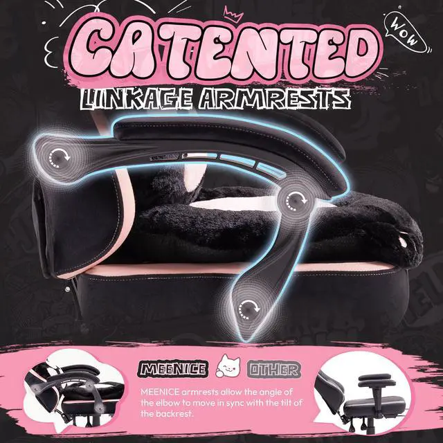 Alt view image 4 of 7 - Gaming Chair Cute with Cat Ears and Paw Lumbar Seat Cushion, Ergonomic Computer Chair with Footrest, Reclining PC Game Chair for Girls, Computer Chair 300lbs for Adult, Black&Pink