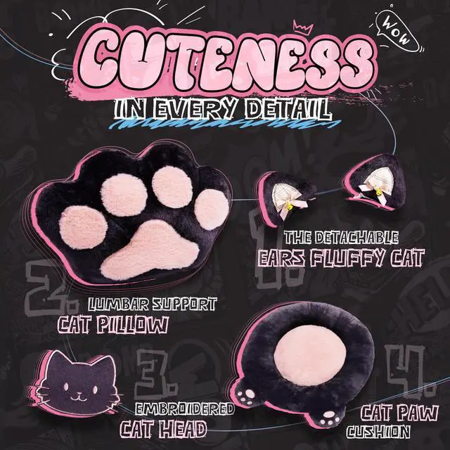 Alt view image 2 of 7 - Gaming Chair Cute with Cat Ears and Paw Lumbar Seat Cushion, Ergonomic Computer Chair with Footrest, Reclining PC Game Chair for Girls, Computer Chair 300lbs for Adult, Black&Pink