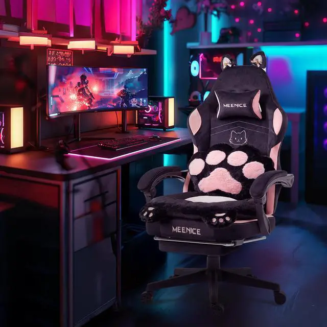 Main image of Gaming Chair Cute with Cat Ears and Paw Lumbar Seat Cushion, Ergonomic Computer Chair with Footrest, Reclining PC Game Chair for Girls, Computer Chair 300lbs for Adult, Black&Pink