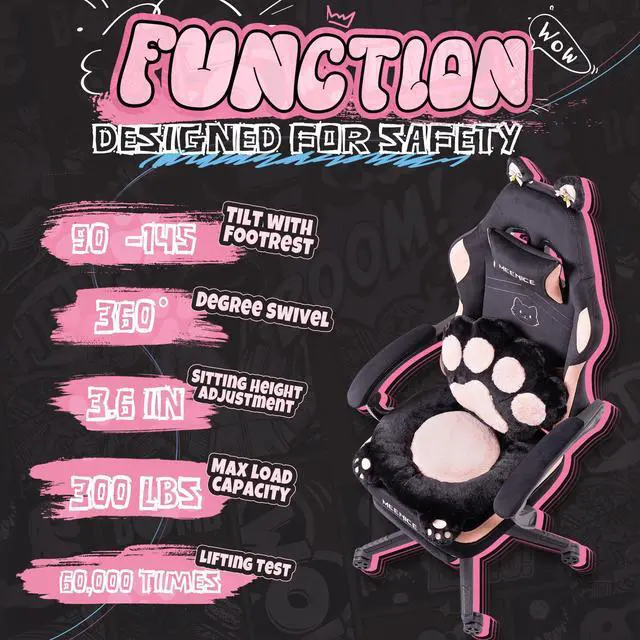 Alt view image 5 of 7 - Gaming Chair Cute with Cat Ears and Paw Lumbar Seat Cushion, Ergonomic Computer Chair with Footrest, Reclining PC Game Chair for Girls, Computer Chair 300lbs for Adult, Black&Pink