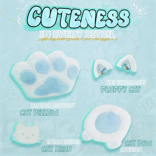 Alt view image 2 of 7 - Gaming Chair Cute with Cat Ears and Paw Lumbar Seat Cushion, Ergonomic Computer Chair with Footrest, Reclining PC Game Chair for Girls, Computer Chair 300lbs for Adult, White&Blue